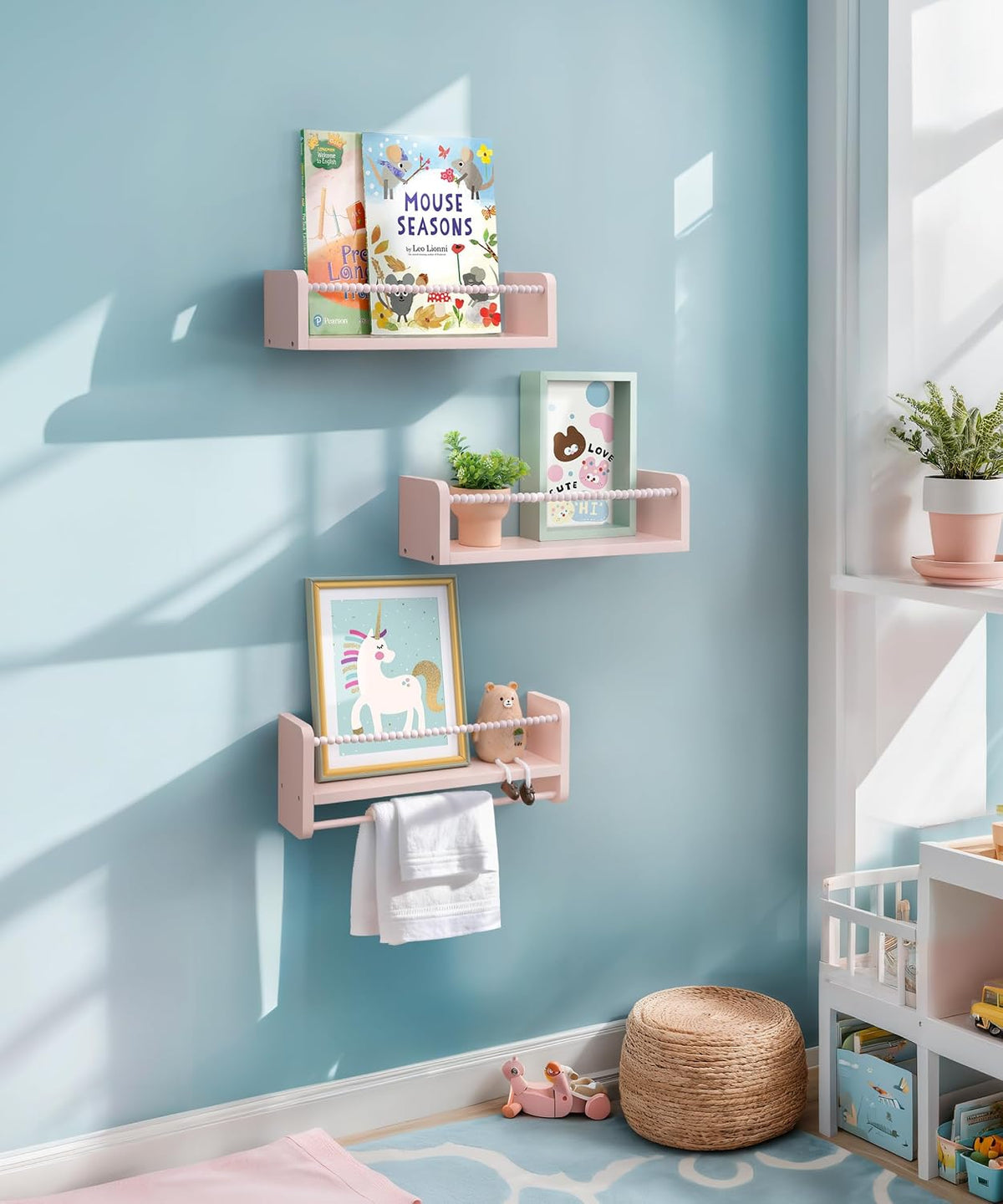 Nursery Book Shelves for Wall, Pink Floating Shelves Set of 3