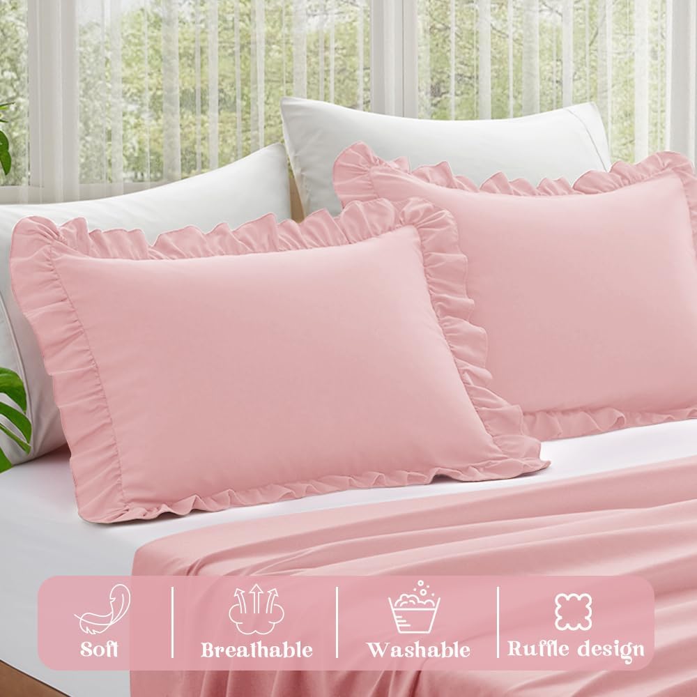 Ruffle Pillow Cases Queen Size Set of 2, Light Pink