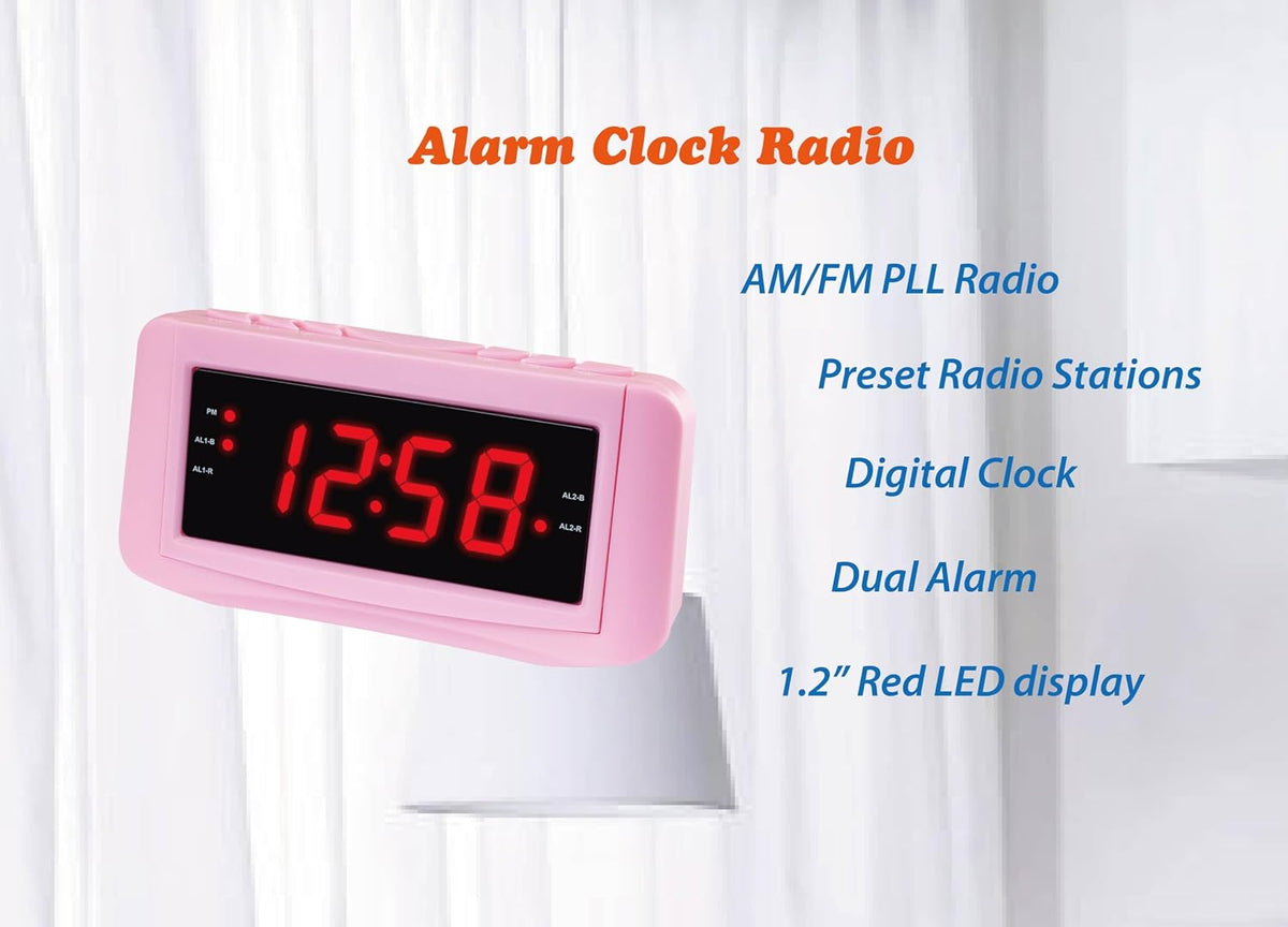 HX-117CR Alarm Clock Radio, 1.2" Red LED Display (Pink)