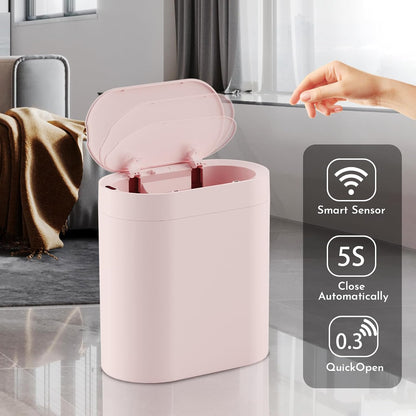 Bathroom Trash Can with Lid, 2 Gallon Slim Smart Garbage Can Pink