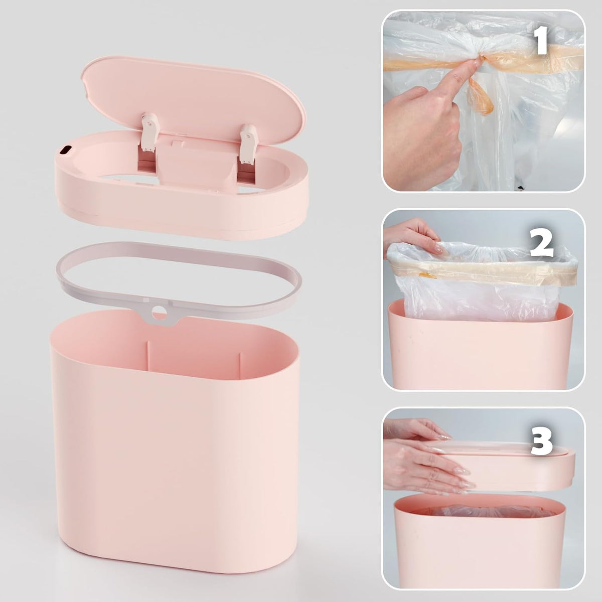Bathroom Trash Can with Lid, 2 Gallon Slim Smart Garbage Can Pink