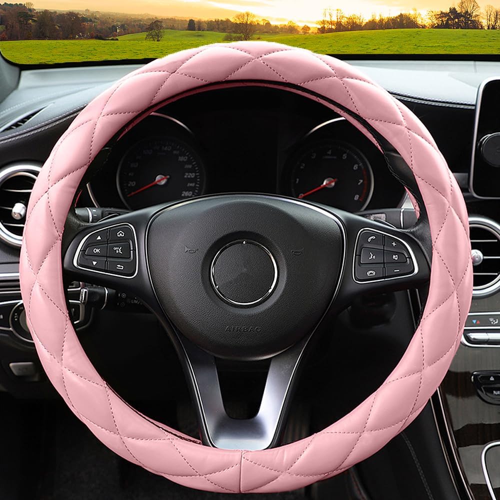 Soft Microfiber Leather Steering Wheel Cover, Universal 15 Inch for Women Girls, Fit Vehicles, Sedans, SUVs, Vans, Trucks - Light Pink