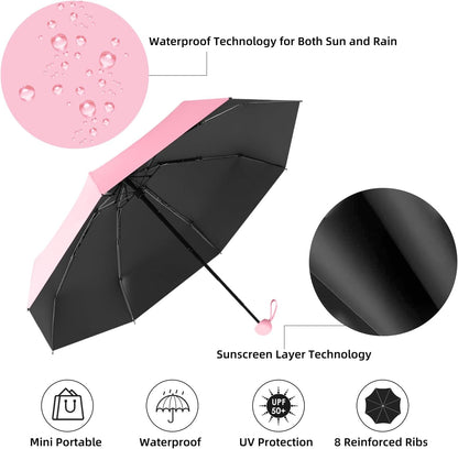 Mini Folding Umbrella, Small Pocket Compact Umbrella for Purse Wallet, UV Sun Rain Travel Umbrellas for Backpack, Portable Folding Umbrellas for Women