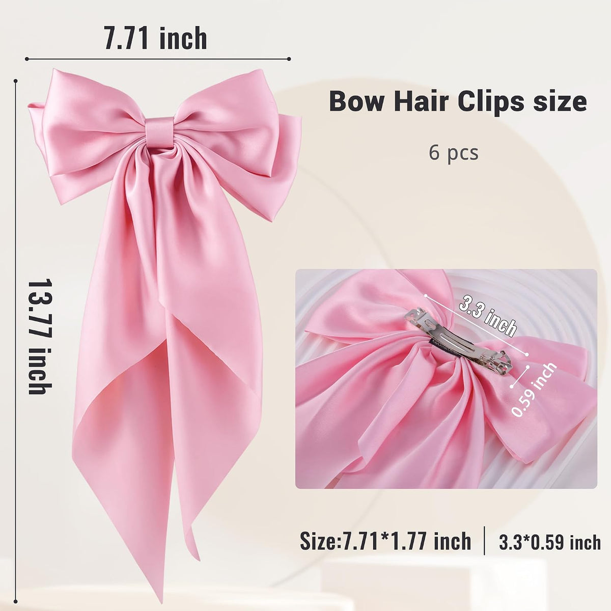 6Pcs Large Bows Hair Clips for Women Girls Long Tail Hair Ribbon Silky Satin Barrettes Coquette Bows Accessories (Pink)
