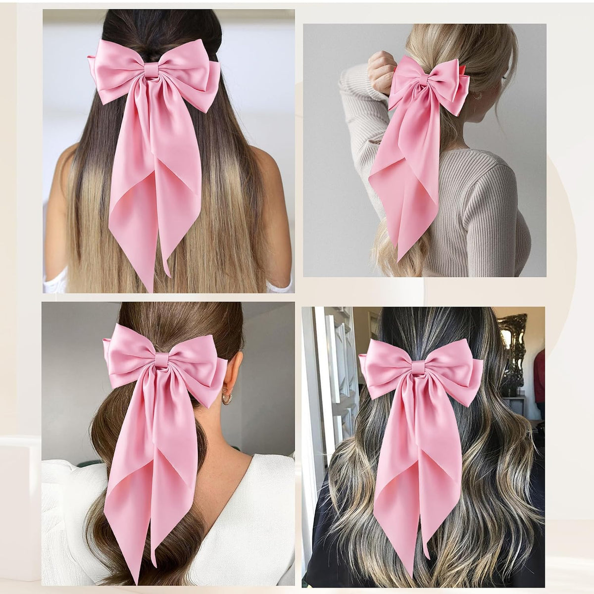 6Pcs Large Bows Hair Clips for Women Girls Long Tail Hair Ribbon Silky Satin Barrettes Coquette Bows Accessories (Pink)