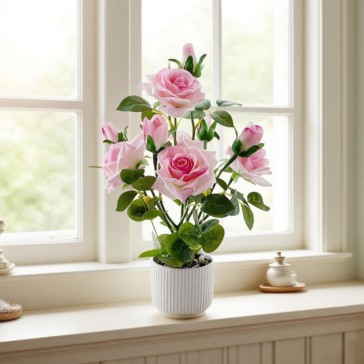 Artificial Rose Plant with Ceramic Vase, Pink