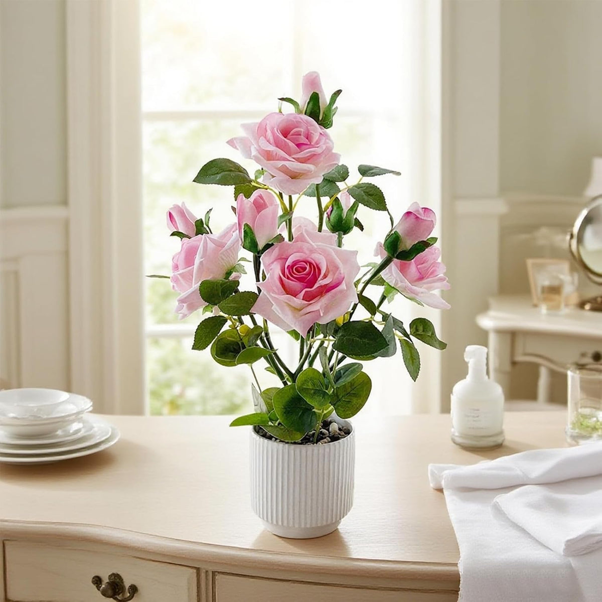 Artificial Rose Plant with Ceramic Vase, Pink
