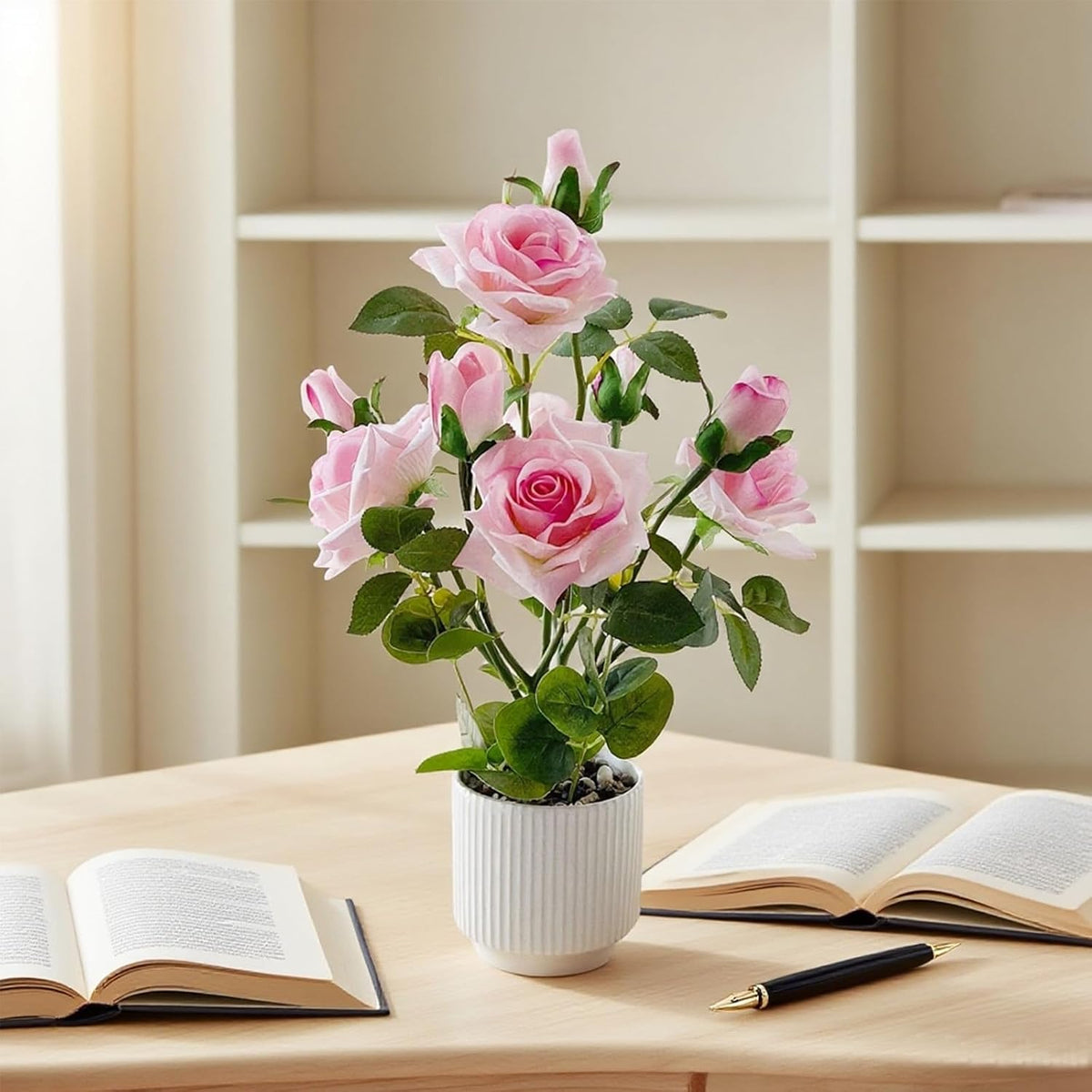 Artificial Rose Plant with Ceramic Vase, Pink