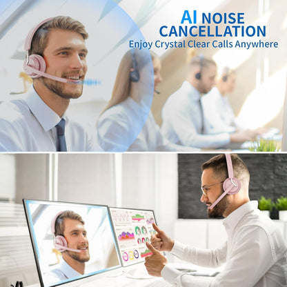 Wireless Headset with Mic for Work, Bluetooth Headphone with AI Noise Cancelling Mic for Clear Calls, Bluetooth 5.3 & 2.4G Dongle, Computer Headset for Call Center/PC/Zoom(Pink