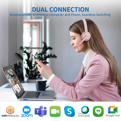 Wireless Headset with Mic for Work, Bluetooth Headphone with AI Noise Cancelling Mic for Clear Calls, Bluetooth 5.3 & 2.4G Dongle, Computer Headset for Call Center/PC/Zoom(Pink