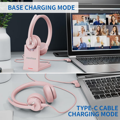Wireless Headset with Mic for Work, Bluetooth Headphone with AI Noise Cancelling Mic for Clear Calls, Bluetooth 5.3 & 2.4G Dongle, Computer Headset for Call Center/PC/Zoom(Pink