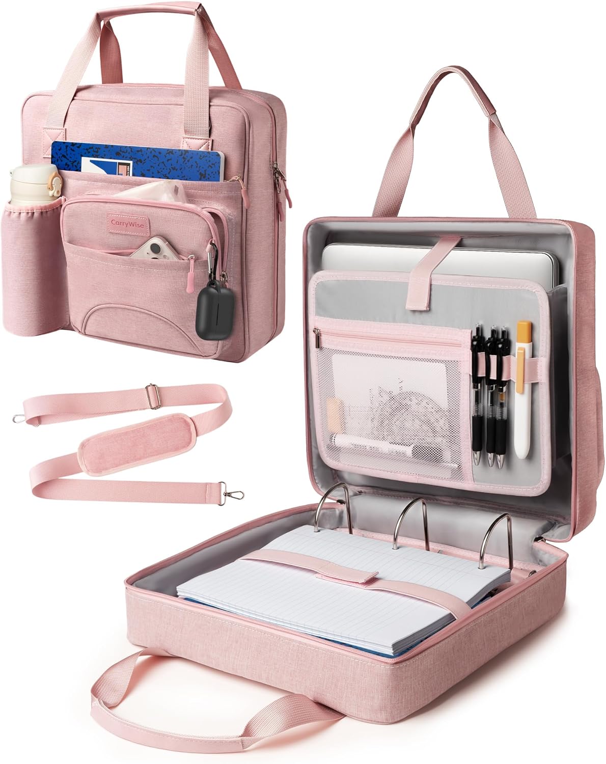 Upgraded 3 Rings Zipper Binder Organizer 3 Inch Zippered Binders with Strap Large Zip Up Portfolio Folder Bag with 9 Pockets 13“ 14” Laptop Compartment for Office Travel, Pink