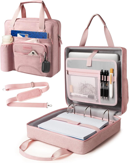 Upgraded 3 Rings Zipper Binder Organizer 3 Inch Zippered Binders with Strap Large Zip Up Portfolio Folder Bag with 9 Pockets 13“ 14” Laptop Compartment for Office Travel, Pink