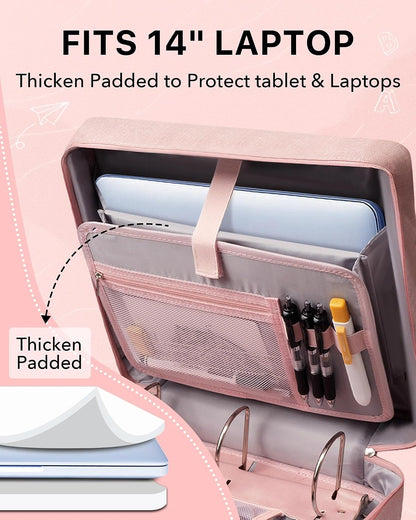 Upgraded 3 Rings Zipper Binder Organizer 3 Inch Zippered Binders with Strap Large Zip Up Portfolio Folder Bag with 9 Pockets 13“ 14” Laptop Compartment for Office Travel, Pink