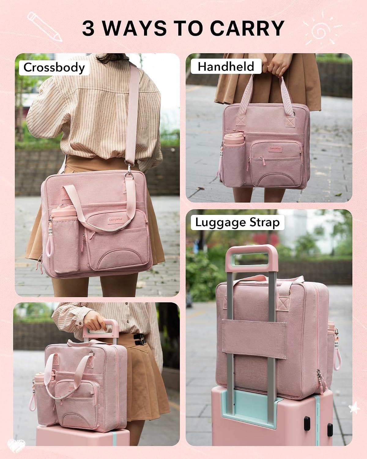 Upgraded 3 Rings Zipper Binder Organizer 3 Inch Zippered Binders with Strap Large Zip Up Portfolio Folder Bag with 9 Pockets 13“ 14” Laptop Compartment for Office Travel, Pink
