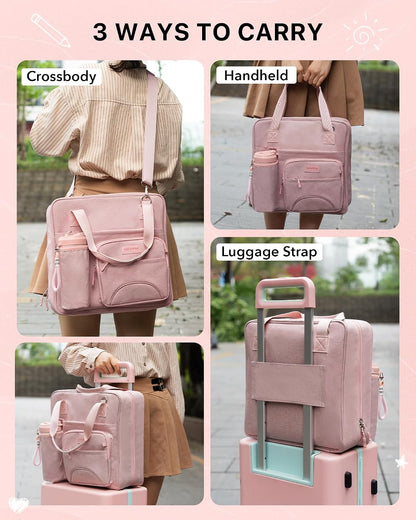 Upgraded 3 Rings Zipper Binder Organizer 3 Inch Zippered Binders with Strap Large Zip Up Portfolio Folder Bag with 9 Pockets 13“ 14” Laptop Compartment for Office Travel, Pink