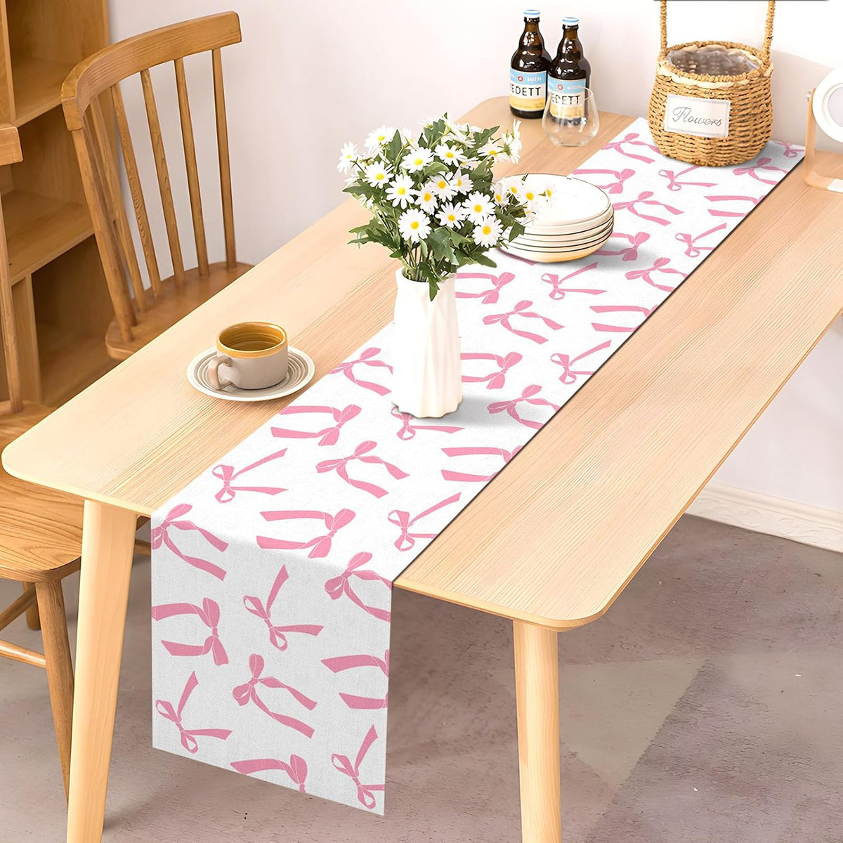 Pink Bow Table Runner for Birthday Bridal Baby Shower Party Decorations Kitchen Dining Home Decor (Pink, 13" x 72")