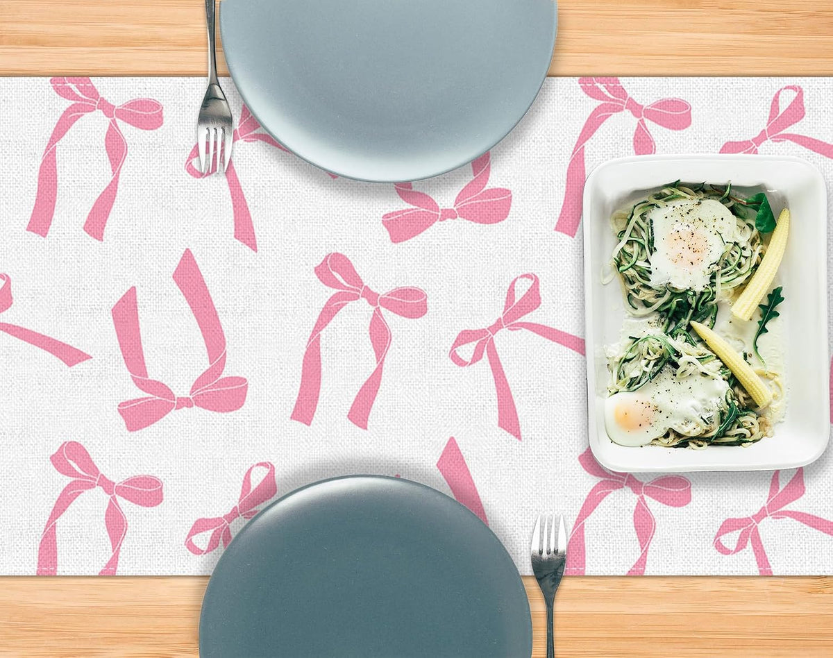 Pink Bow Table Runner for Birthday Bridal Baby Shower Party Decorations Kitchen Dining Home Decor (Pink, 13" x 72")