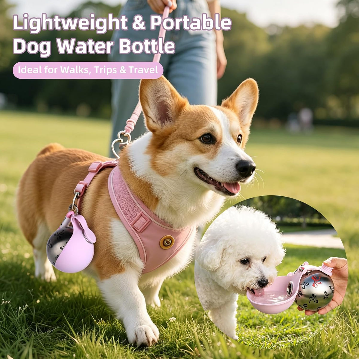 2-in-1 Portable Dog Water Bottle for Small Dogs - Leak-Proof & Compact Dog Travel Water Bottle -Stainless Steel Bottle & Silicone Bowl - Ideal for Walking, Hiking & Travels (10 fl oz, Pink)