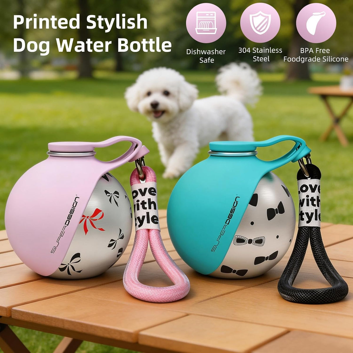 2-in-1 Portable Dog Water Bottle for Small Dogs - Leak-Proof & Compact Dog Travel Water Bottle -Stainless Steel Bottle & Silicone Bowl - Ideal for Walking, Hiking & Travels (10 fl oz, Pink)