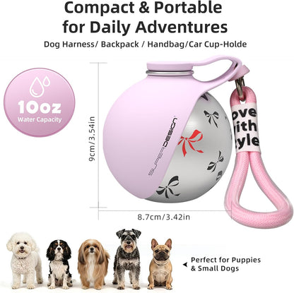 2-in-1 Portable Dog Water Bottle for Small Dogs - Leak-Proof & Compact Dog Travel Water Bottle -Stainless Steel Bottle & Silicone Bowl - Ideal for Walking, Hiking & Travels (10 fl oz, Pink)