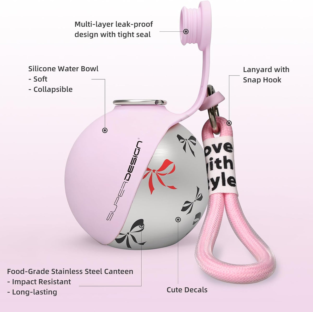 2-in-1 Portable Dog Water Bottle for Small Dogs - Leak-Proof & Compact Dog Travel Water Bottle -Stainless Steel Bottle & Silicone Bowl - Ideal for Walking, Hiking & Travels (10 fl oz, Pink)