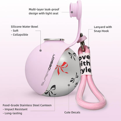 2-in-1 Portable Dog Water Bottle for Small Dogs - Leak-Proof & Compact Dog Travel Water Bottle -Stainless Steel Bottle & Silicone Bowl - Ideal for Walking, Hiking & Travels (10 fl oz, Pink)