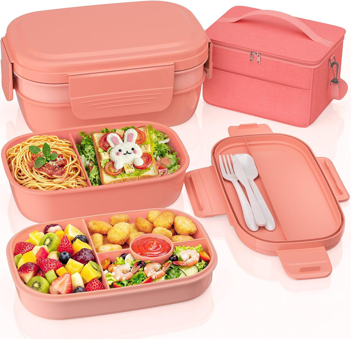 Adults Leak-Proof Bento Lunch Box Set with Lunch Bag for Work, School（Pink）