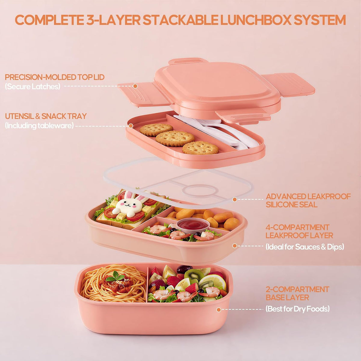 Adults Leak-Proof Bento Lunch Box Set with Lunch Bag for Work, School（Pink）