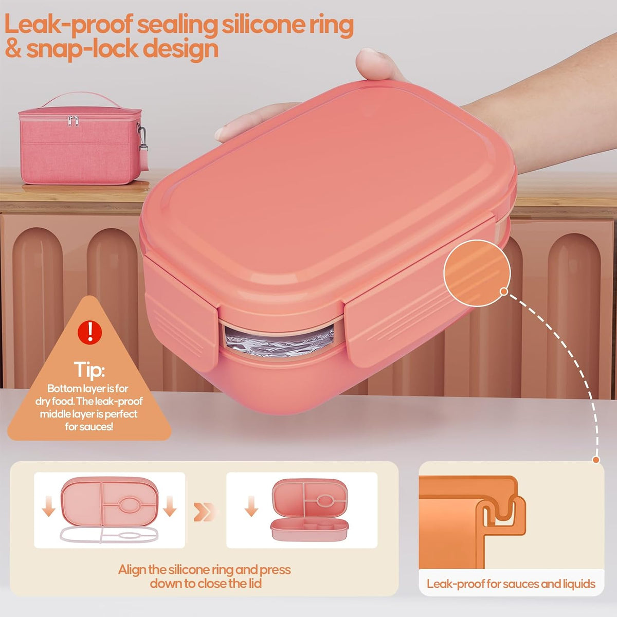 Adults Leak-Proof Bento Lunch Box Set with Lunch Bag for Work, School（Pink）