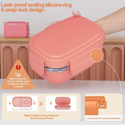Adults Leak-Proof Bento Lunch Box Set with Lunch Bag for Work, School（Pink）