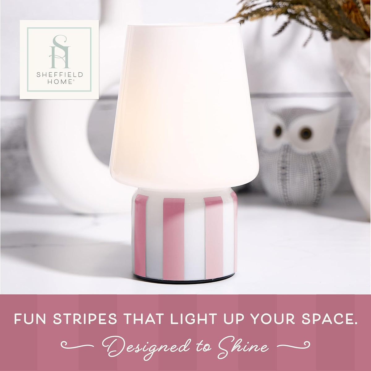 Glass LED Lamp – Warm White Light, Battery Operated (3AA) – Elegant Home Décor, Pink Stripe