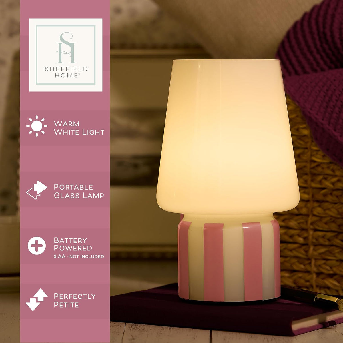 Glass LED Lamp – Warm White Light, Battery Operated (3AA) – Elegant Home Décor, Pink Stripe