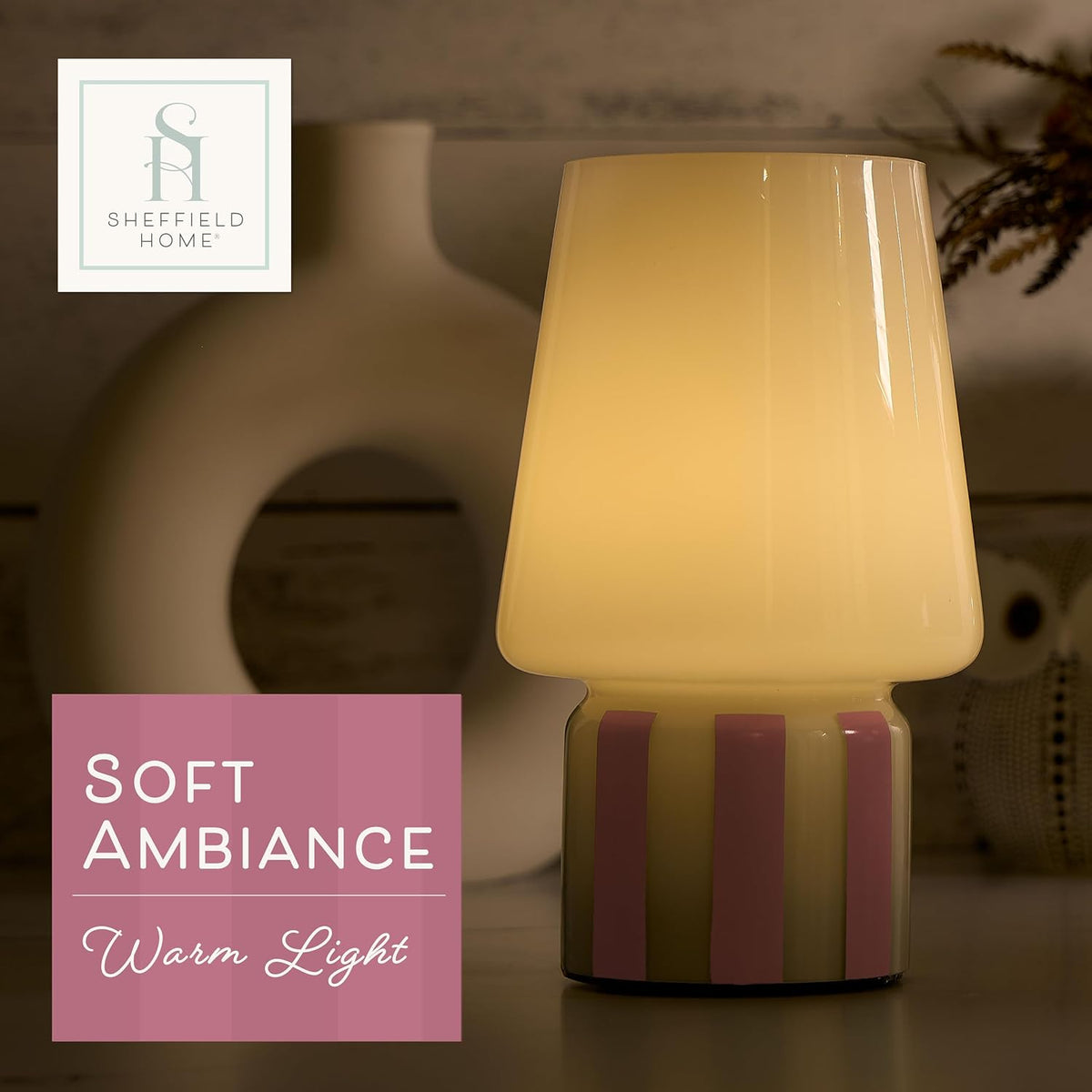 Glass LED Lamp – Warm White Light, Battery Operated (3AA) – Elegant Home Décor, Pink Stripe