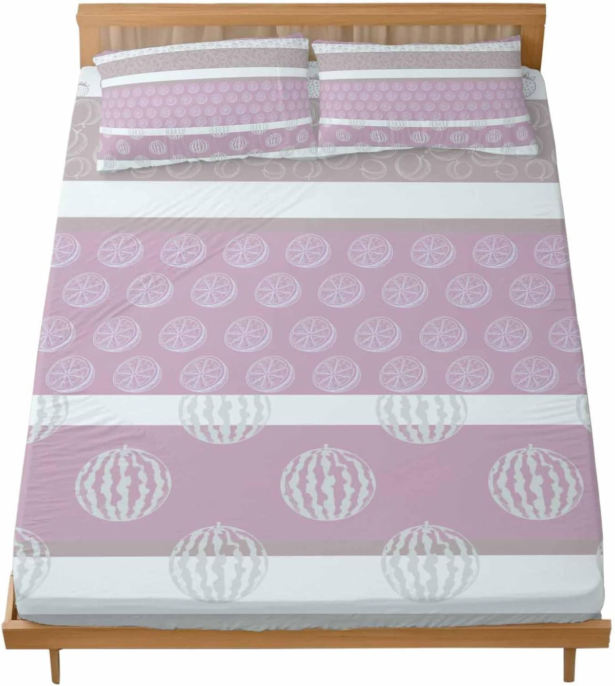 Farm Fruits California King Fitted Sheet Set,Watermelon Lemons Peach Pink Grey Striped Soft Deep Pocket up to 16"-Easy Fit Bed Sheets with Elastic Strap,Micorfiber Bedding Set with Pillowcase