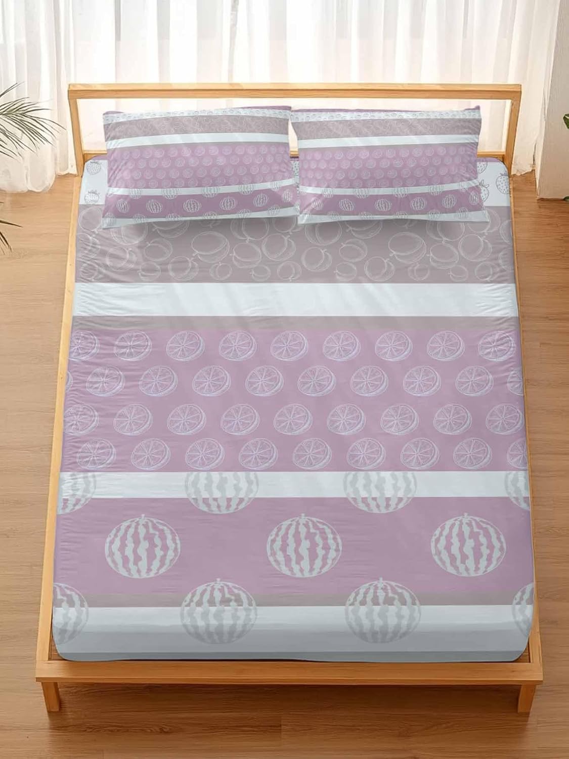 Farm Fruits California King Fitted Sheet Set,Watermelon Lemons Peach Pink Grey Striped Soft Deep Pocket up to 16"-Easy Fit Bed Sheets with Elastic Strap,Micorfiber Bedding Set with Pillowcase