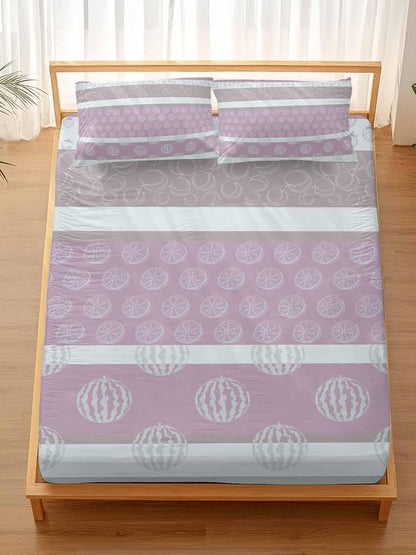 Farm Fruits California King Fitted Sheet Set,Watermelon Lemons Peach Pink Grey Striped Soft Deep Pocket up to 16"-Easy Fit Bed Sheets with Elastic Strap,Micorfiber Bedding Set with Pillowcase