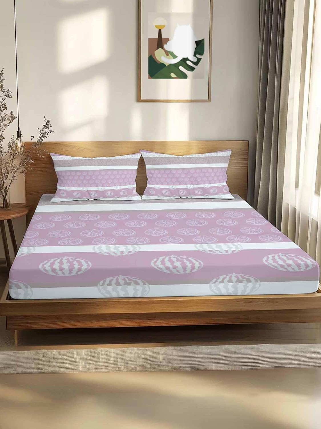 Farm Fruits California King Fitted Sheet Set,Watermelon Lemons Peach Pink Grey Striped Soft Deep Pocket up to 16"-Easy Fit Bed Sheets with Elastic Strap,Micorfiber Bedding Set with Pillowcase