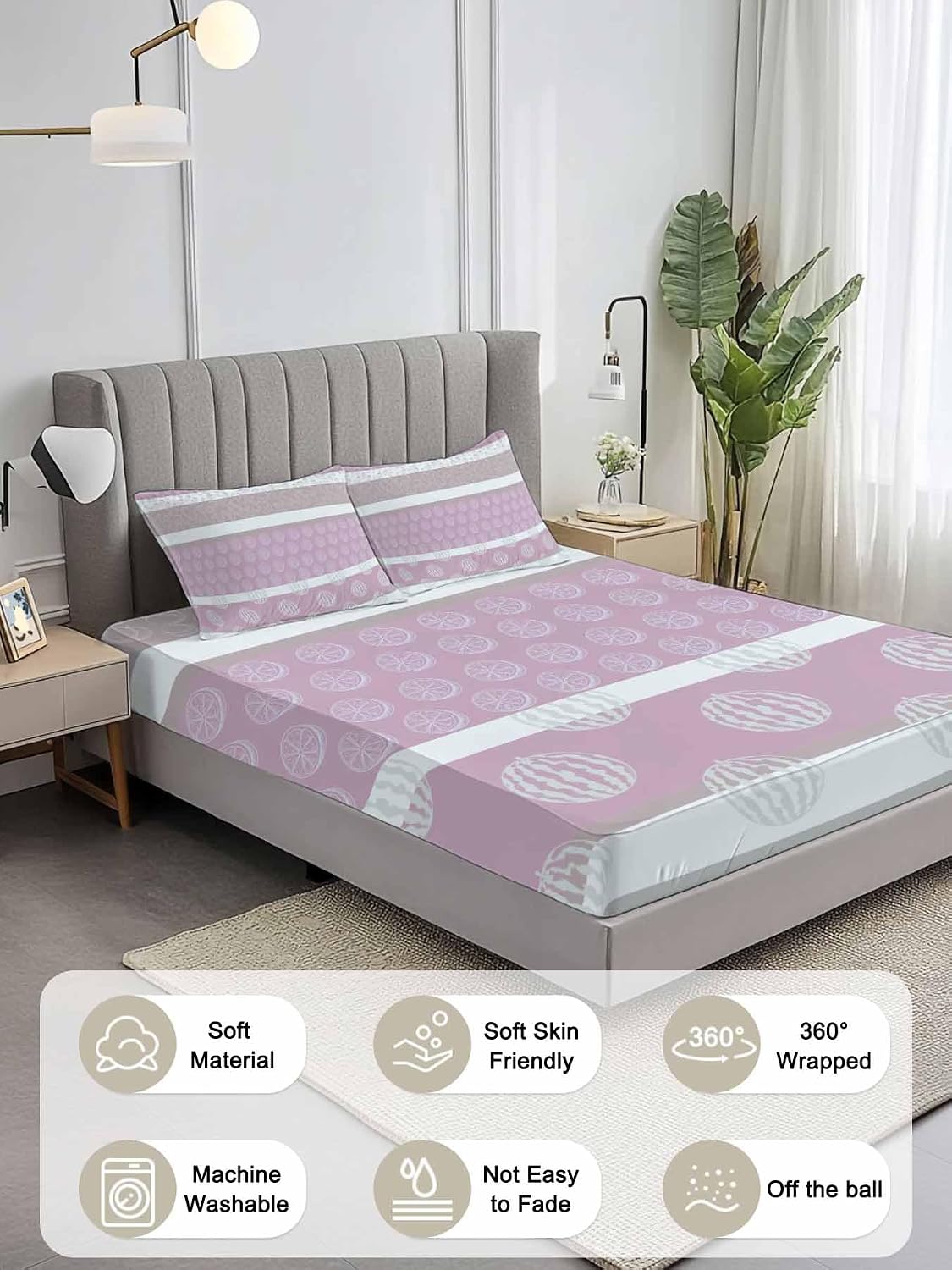 Farm Fruits California King Fitted Sheet Set,Watermelon Lemons Peach Pink Grey Striped Soft Deep Pocket up to 16"-Easy Fit Bed Sheets with Elastic Strap,Micorfiber Bedding Set with Pillowcase