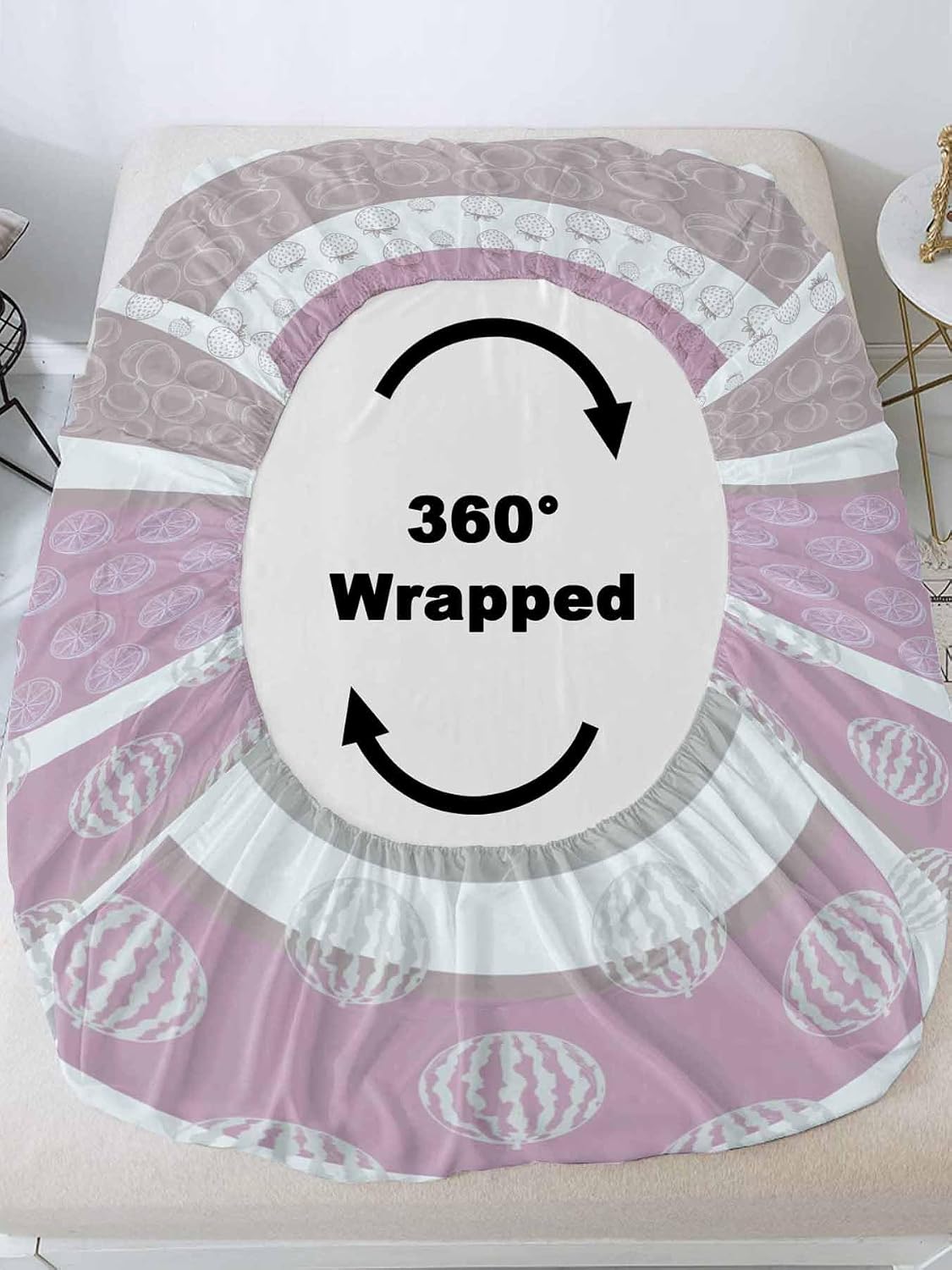 Farm Fruits California King Fitted Sheet Set,Watermelon Lemons Peach Pink Grey Striped Soft Deep Pocket up to 16"-Easy Fit Bed Sheets with Elastic Strap,Micorfiber Bedding Set with Pillowcase