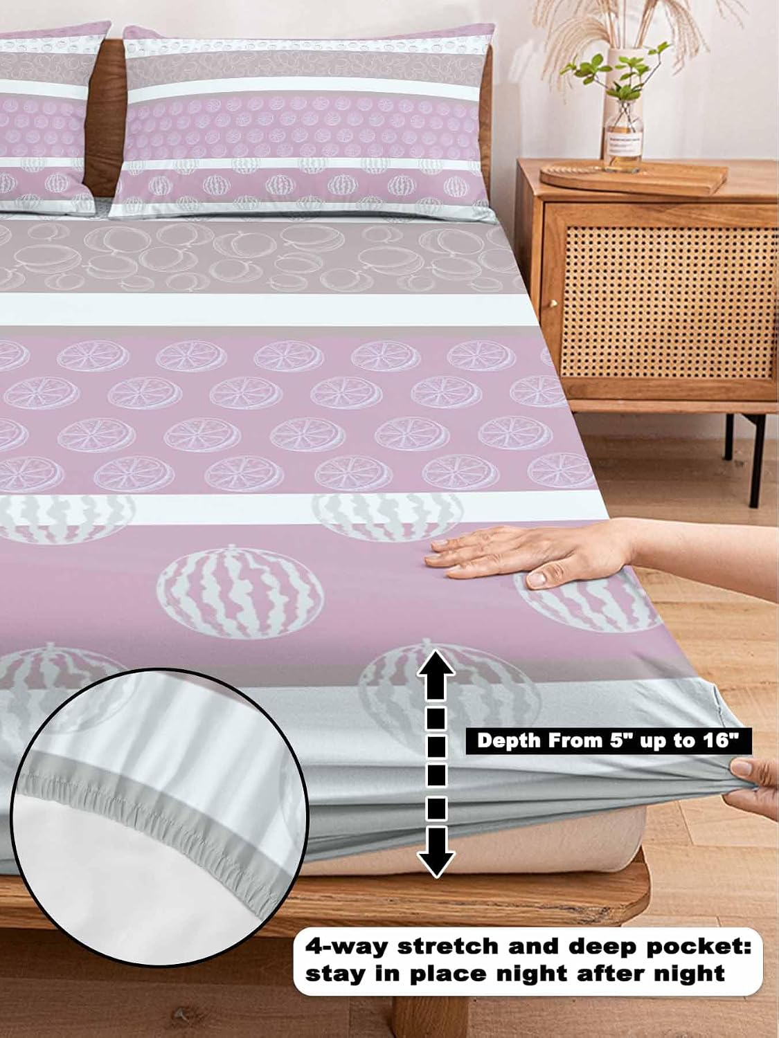 Farm Fruits California King Fitted Sheet Set,Watermelon Lemons Peach Pink Grey Striped Soft Deep Pocket up to 16"-Easy Fit Bed Sheets with Elastic Strap,Micorfiber Bedding Set with Pillowcase