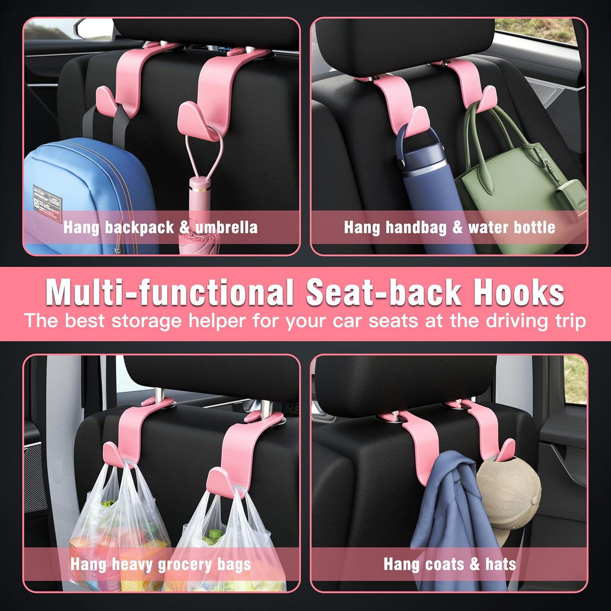 4-Pack Car Headrest Hooks Holds 55lbs Seat Storage Organizer for Bags