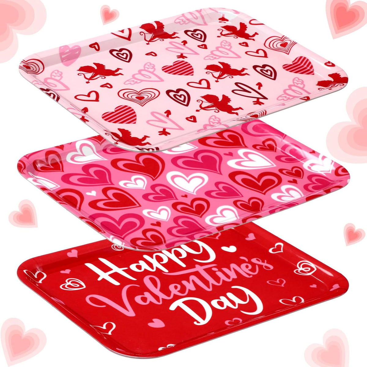 3 Pcs 13 x 10 Inch Valentine's Day Serving Trays Large Plastic Valentine Platters Reusable Serving Dishes Rectangle Pink Heart Candy Snack Food Tray for Valentines Day Wedding Party Table Decor