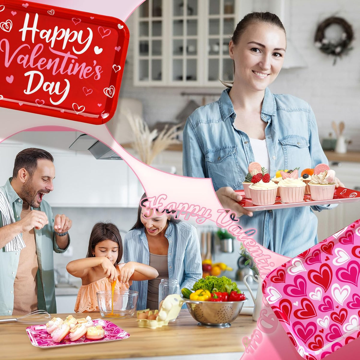 3 Pcs 13 x 10 Inch Valentine's Day Serving Trays Large Plastic Valentine Platters Reusable Serving Dishes Rectangle Pink Heart Candy Snack Food Tray for Valentines Day Wedding Party Table Decor