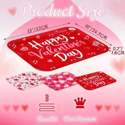 3 Pcs 13 x 10 Inch Valentine's Day Serving Trays Large Plastic Valentine Platters Reusable Serving Dishes Rectangle Pink Heart Candy Snack Food Tray for Valentines Day Wedding Party Table Decor