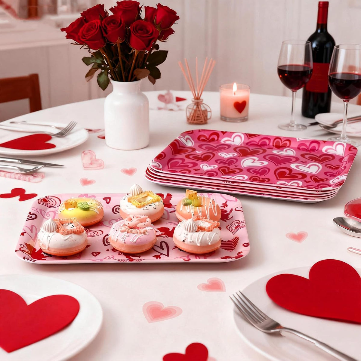 3 Pcs 13 x 10 Inch Valentine's Day Serving Trays Large Plastic Valentine Platters Reusable Serving Dishes Rectangle Pink Heart Candy Snack Food Tray for Valentines Day Wedding Party Table Decor