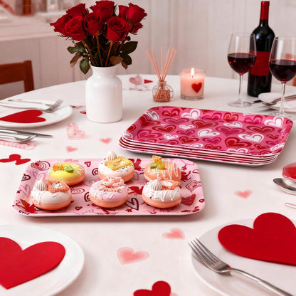 3 Pcs 13 x 10 Inch Valentine's Day Serving Trays Large Plastic Valentine Platters Reusable Serving Dishes Rectangle Pink Heart Candy Snack Food Tray for Valentines Day Wedding Party Table Decor