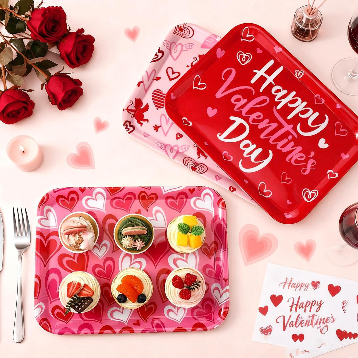 3 Pcs 13 x 10 Inch Valentine's Day Serving Trays Large Plastic Valentine Platters Reusable Serving Dishes Rectangle Pink Heart Candy Snack Food Tray for Valentines Day Wedding Party Table Decor