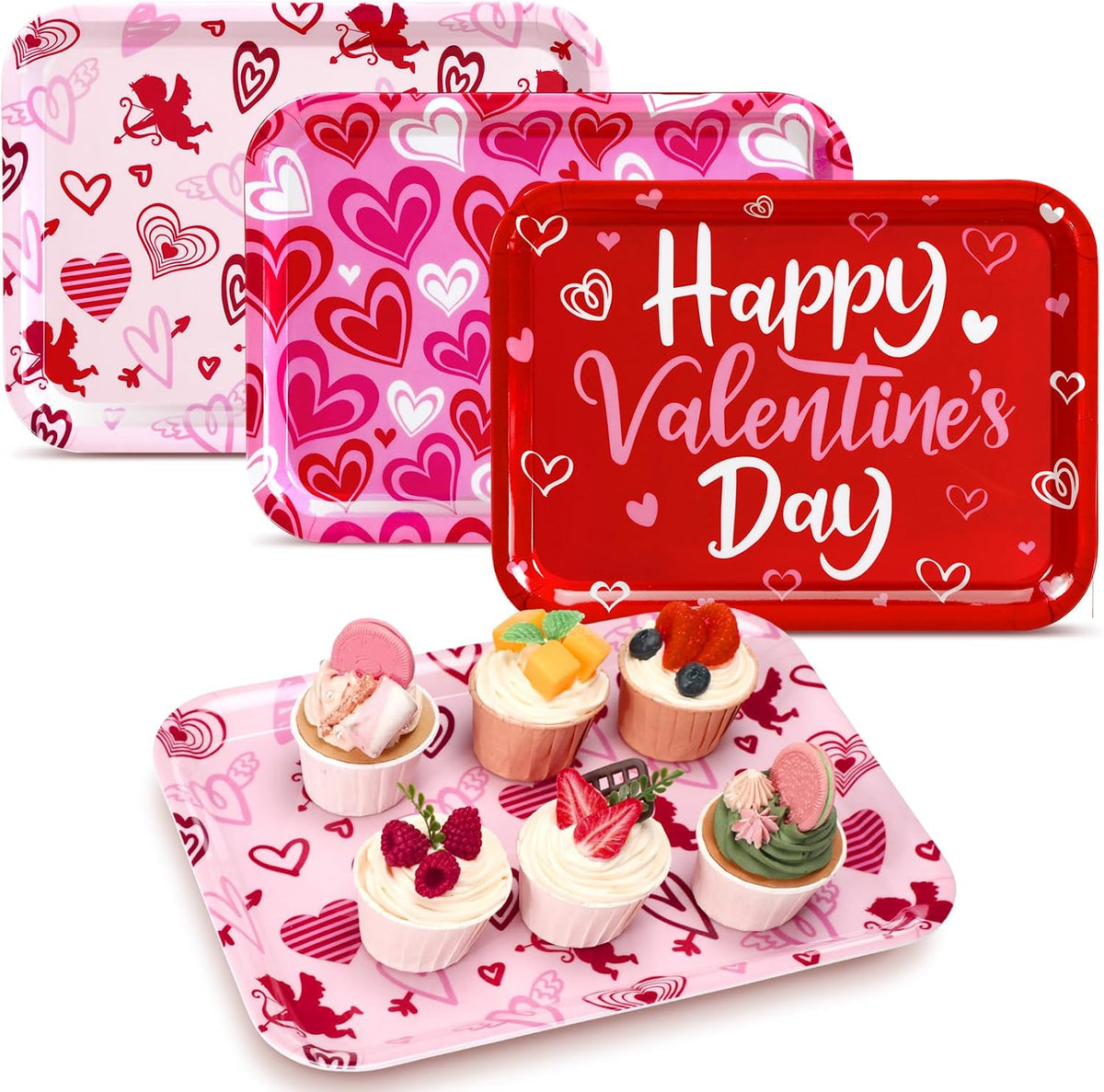 3 Pcs 13 x 10 Inch Valentine's Day Serving Trays Large Plastic Valentine Platters Reusable Serving Dishes Rectangle Pink Heart Candy Snack Food Tray for Valentines Day Wedding Party Table Decor