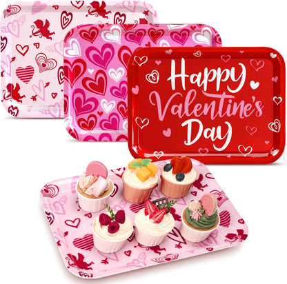3 Pcs 13 x 10 Inch Valentine's Day Serving Trays Large Plastic Valentine Platters Reusable Serving Dishes Rectangle Pink Heart Candy Snack Food Tray for Valentines Day Wedding Party Table Decor